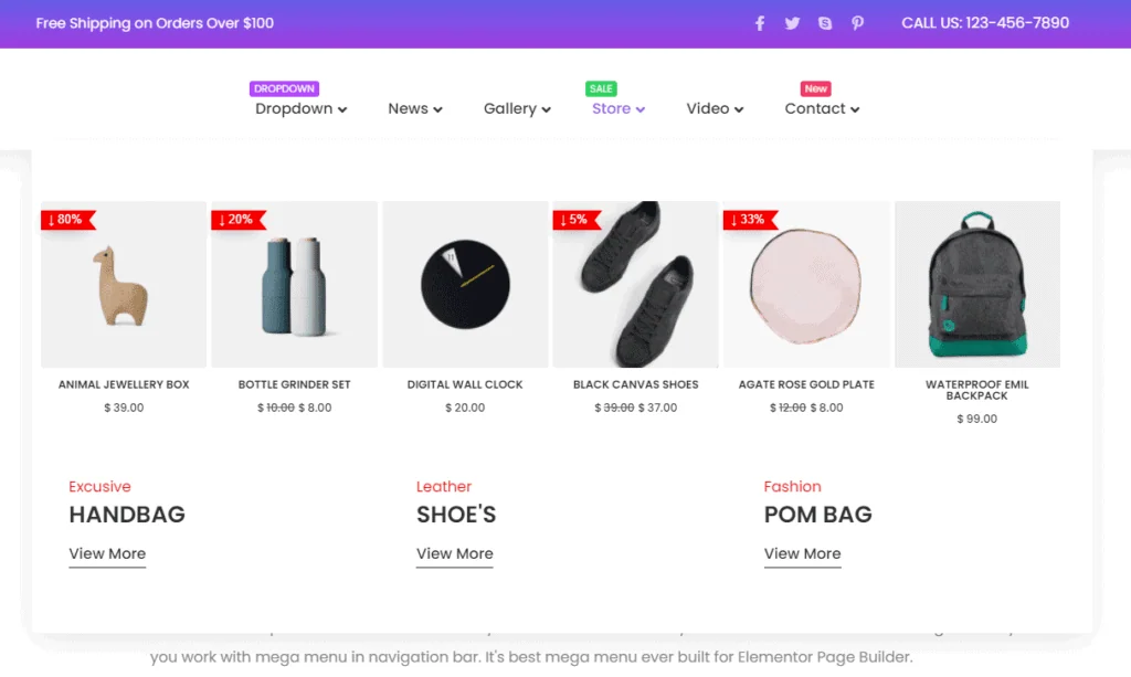 Horizontal mega menu