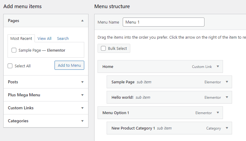 menu structure and menu items