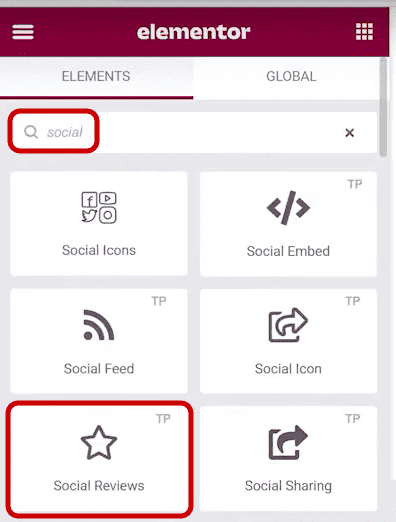 social reviews widget from Elementor menu
