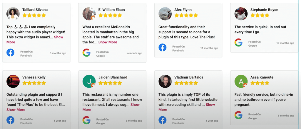 the grid layout of google reviews widget