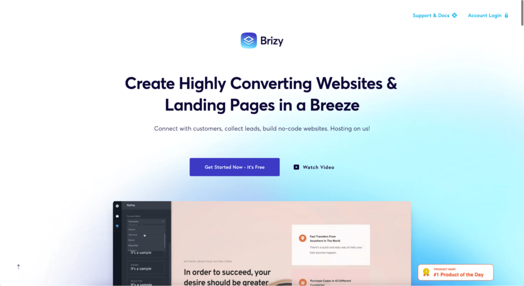 Brizy page builder homepage