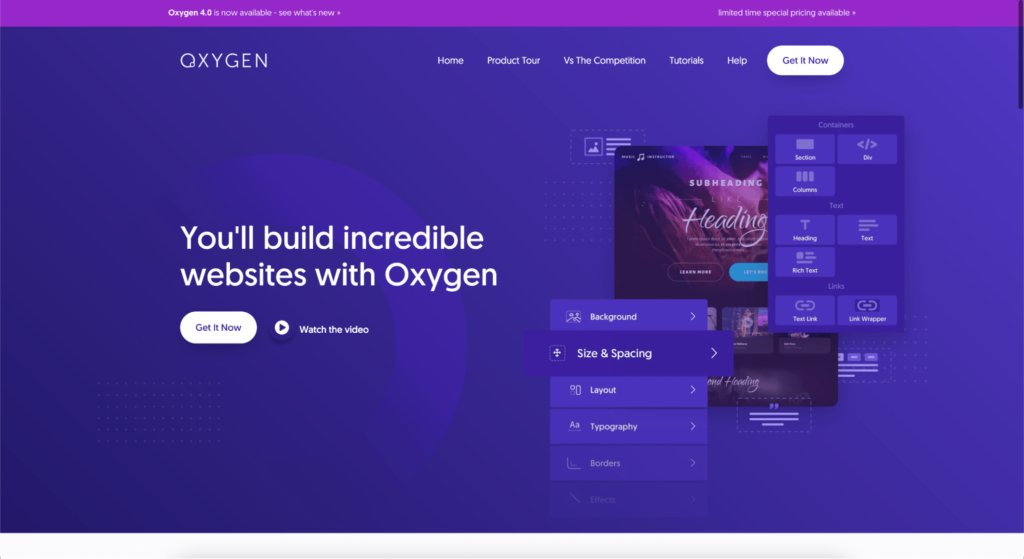 Oxygen page builder homepage