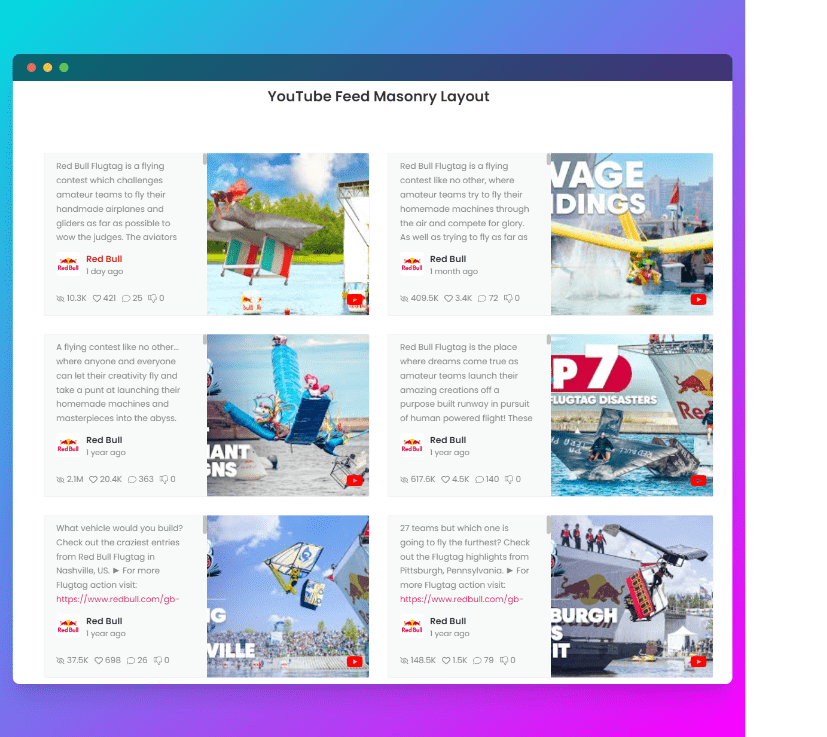 Youtube feed masonry layout