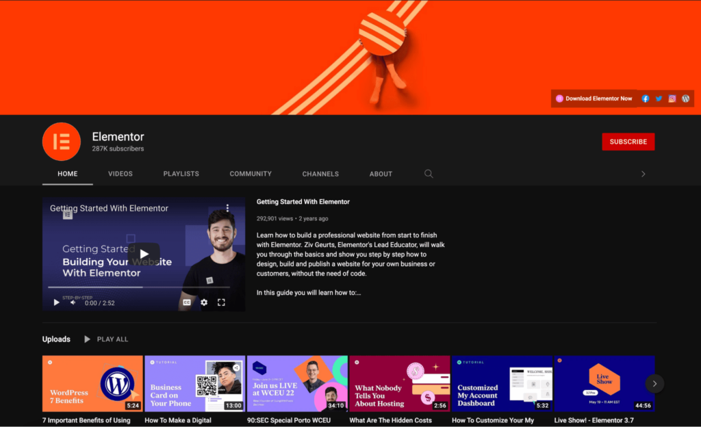 Elementor youtube channel