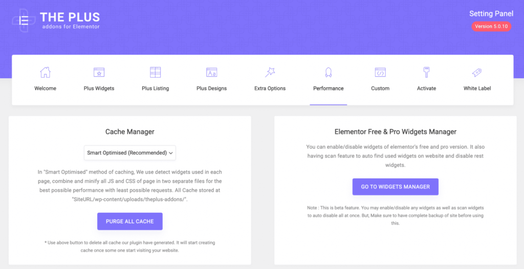 The plus addons for elementor setting panel option performance