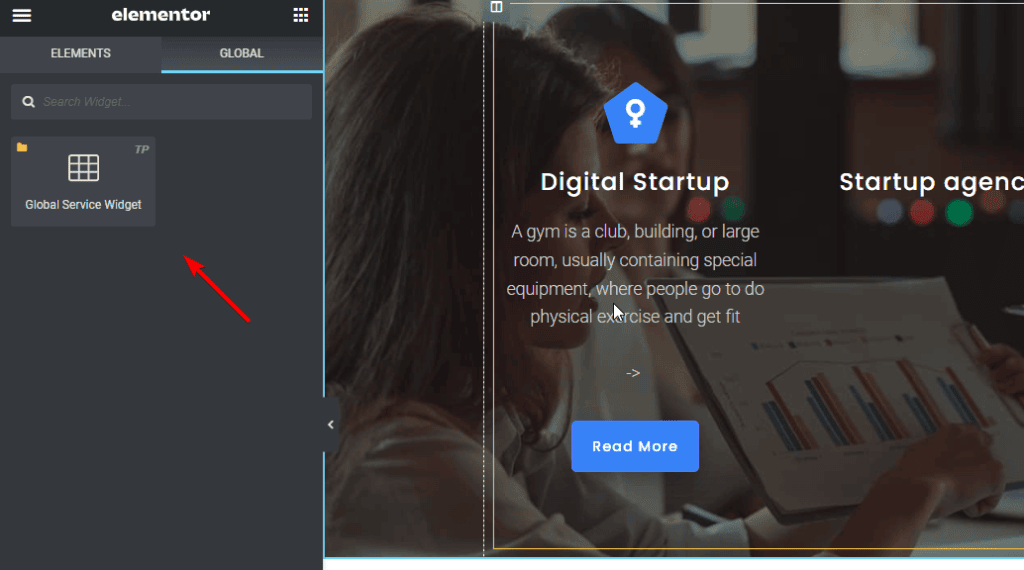 Drag and drop the elementor global widget from left backend panel