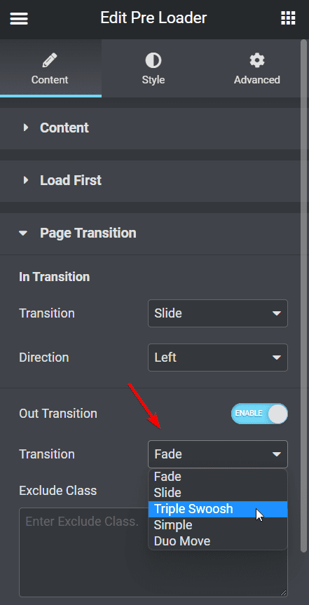 Elementor page transition settings