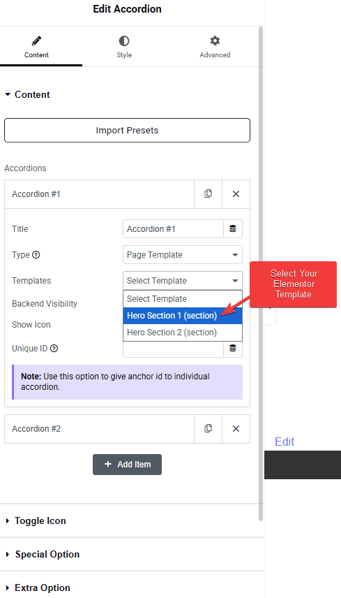 Tpae accordion content select your elementor template elementor accordion widget settings overview from the plus addons for elementor