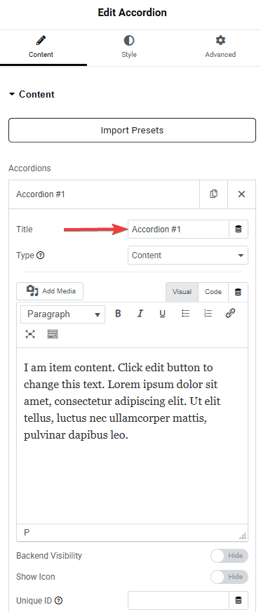 Tpae accordion content title 1 elementor accordion widget settings overview from the plus addons for elementor
