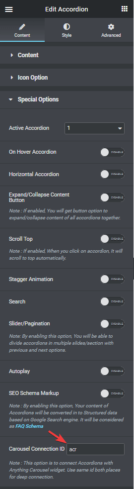 Accordion carousel connection id