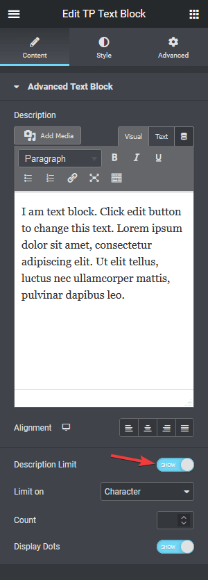 Advanced text editor desc limit