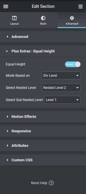 equal height div level settings