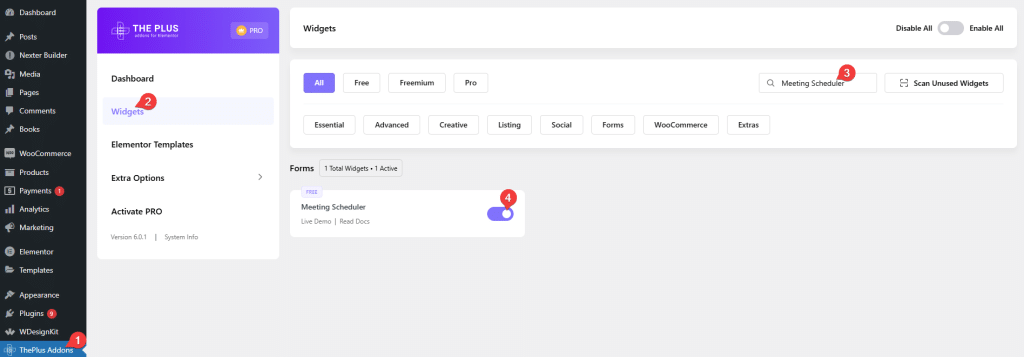 Meeting scheduler meeting scheduler widget settings overview from the plus addons for elementor