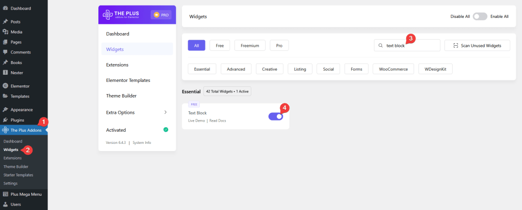 Text block activate advanced text block elementor widget settings overview from the plus addons for elementor