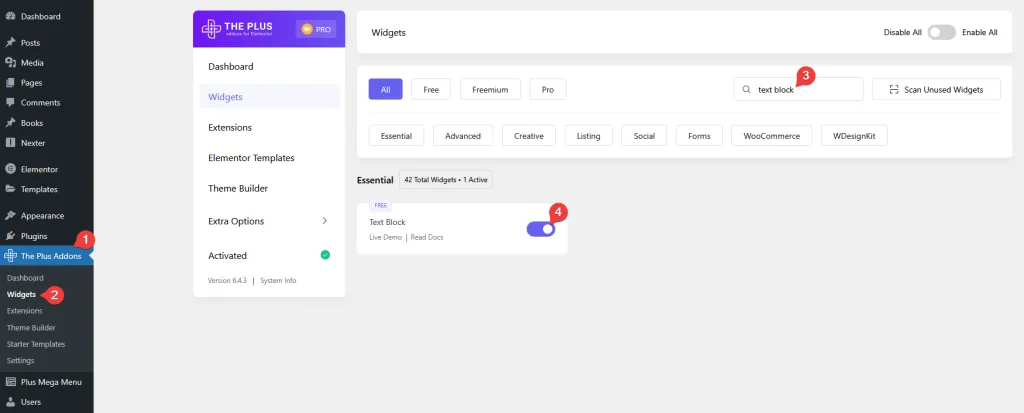 Text block activate advanced text block elementor widget settings overview from the plus addons for elementor