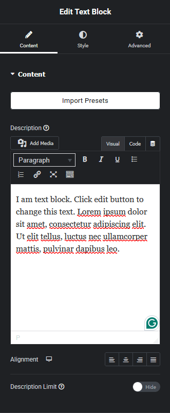 Text block content advanced text block elementor widget settings overview from the plus addons for elementor