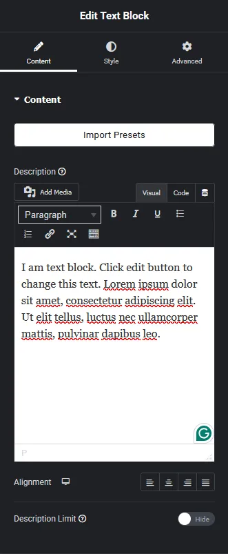 Text block content advanced text block elementor widget settings overview from the plus addons for elementor