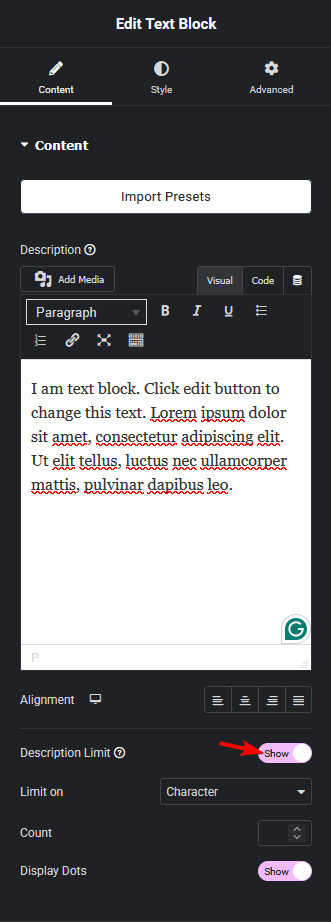 Text block desc limit how to limit word or character count in text widget in elementor? From the plus addons for elementor