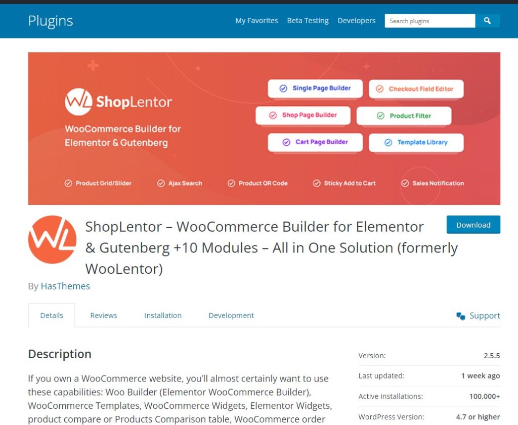 ShopLentor – WooCommerce Builder for Elementor Gutenberg 10 Modules – All in One Solution formerly WooLentor from The Plus Addons for Elementor