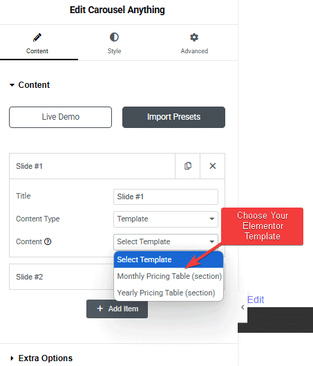 Tpae Carousel Anything Select Template | The Plus Addons for Elementor Tpae carousel anything select template carousel anything elementor widget settings overview from the plus addons for elementor