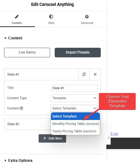 Tpae carousel anything select template carousel anything elementor widget settings overview from the plus addons for elementor