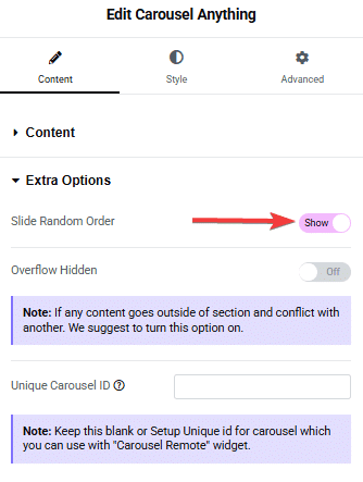 Tpae carousel anything slide random order carousel anything elementor widget settings overview from the plus addons for elementor