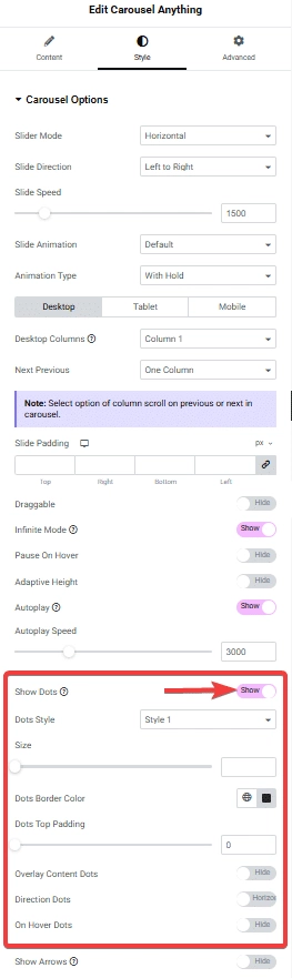 Tpae carousel anything style show dots how to show/hide arrows & dots in the elementor carousel slider? From the plus addons for elementor