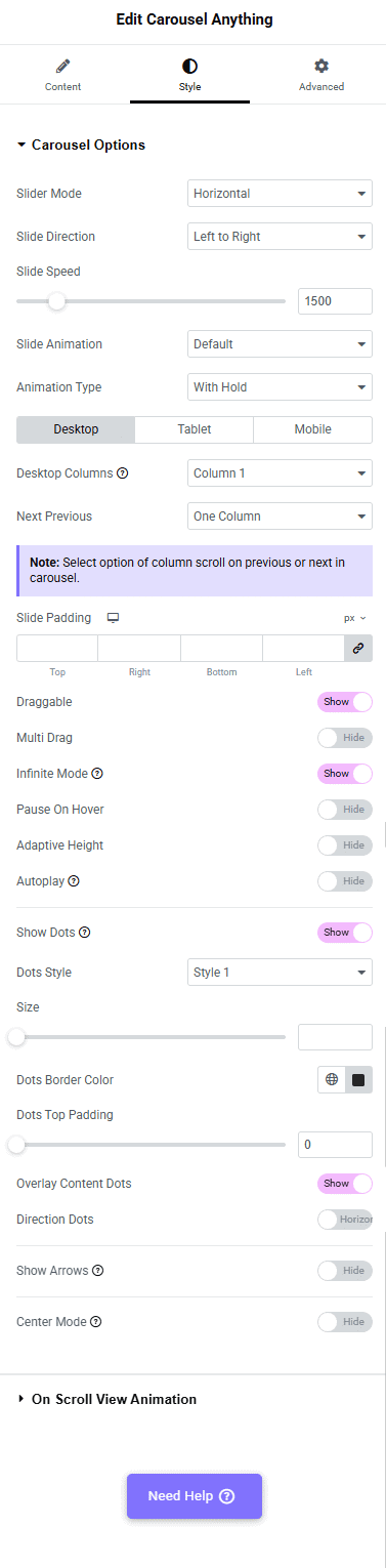 Tpae Carousel Anything Style | The Plus Addons for Elementor Tpae carousel anything style carousel anything elementor widget settings overview from the plus addons for elementor
