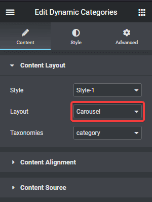 Dynamic categories layout