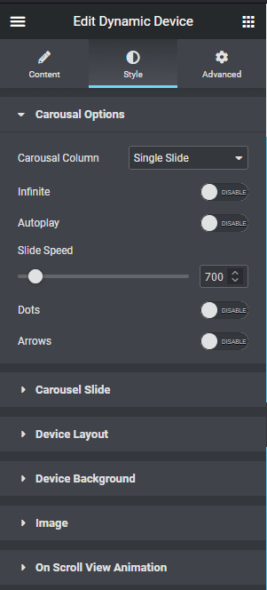 Dynamic device carousel style