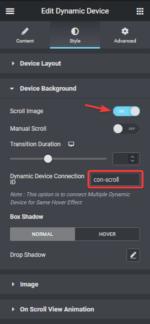 Dynamic device scroll image connection id