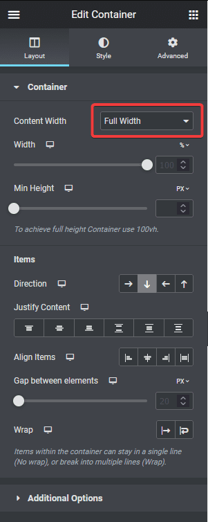 Elementor full width settings flexbox