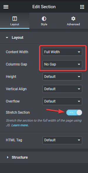elementor full width settings
