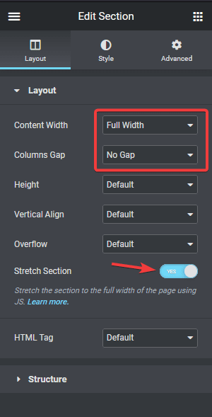 Elementor full width settings