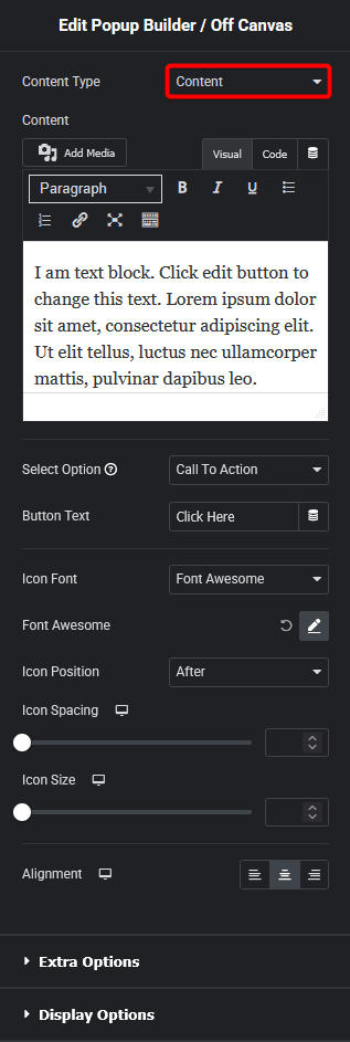 Popup builder content new popup builder/off canvas elementor widget settings overview from the plus addons for elementor