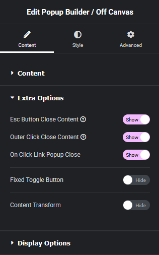 Popup builder extra options new popup builder/off canvas elementor widget settings overview from the plus addons for elementor