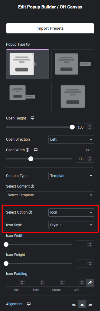 Popup builder icon trigger new1 how to create an off canvas popup side menu in elementor? From the plus addons for elementor