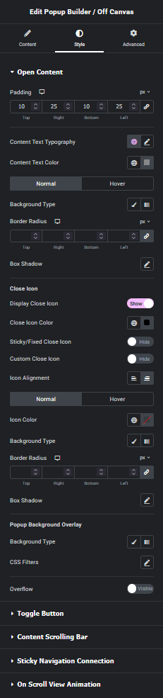 Popup builder style new popup builder/off canvas elementor widget settings overview from the plus addons for elementor