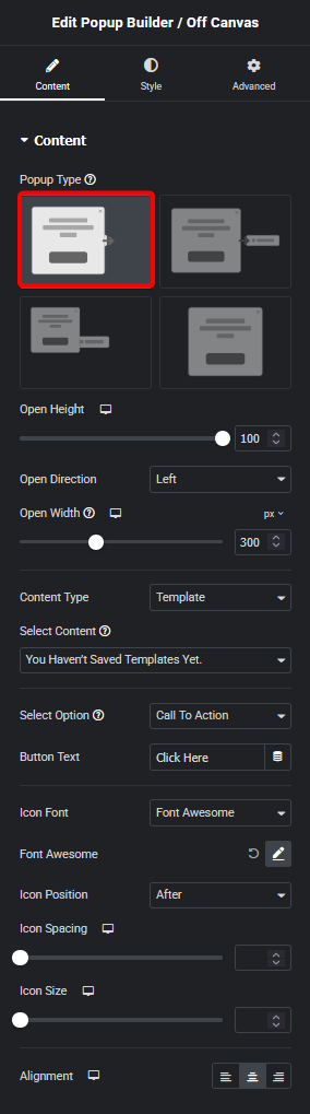 Popup builder type new popup builder/off canvas elementor widget settings overview from the plus addons for elementor