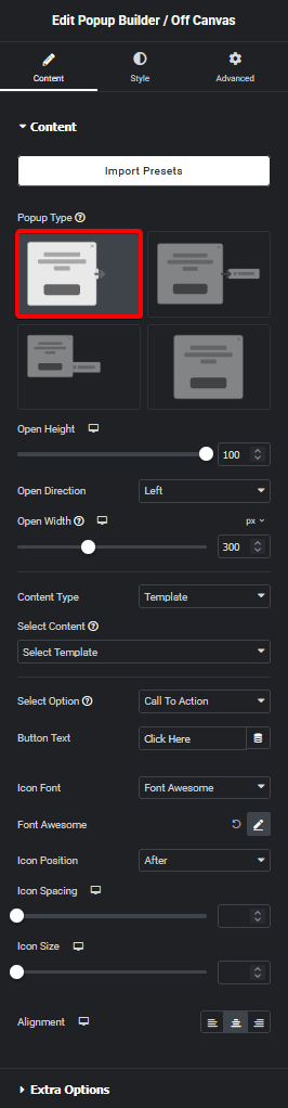Popup builder type new1 popup builder/off canvas elementor widget settings overview from the plus addons for elementor