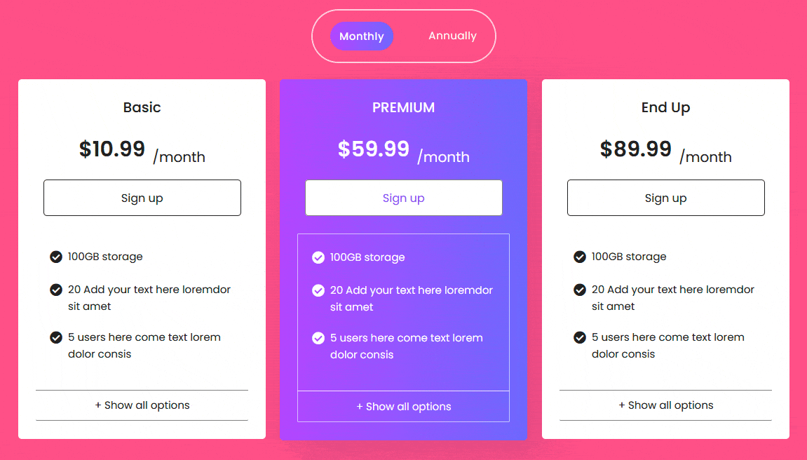 pricing table toggle preview