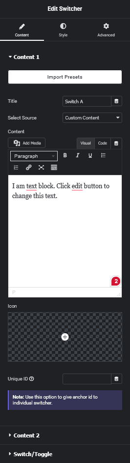 Switcher content new switcher elementor widget settings overview from the plus addons for elementor