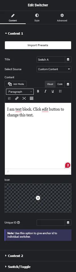 Switcher content new switcher elementor widget settings overview from the plus addons for elementor
