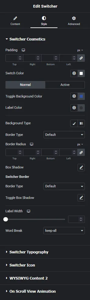 Switcher style options new switcher elementor widget settings overview from the plus addons for elementor