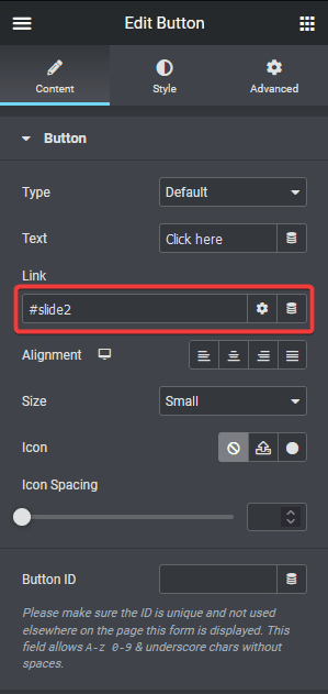 button link id for horizontal scroll