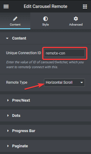 carousel remore unique connection id horizontal scroll
