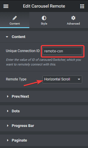 Carousel remore unique connection id horizontal scroll