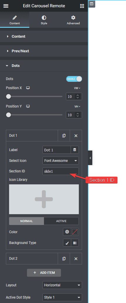Carousel remote unique horizontal scroll dots section id