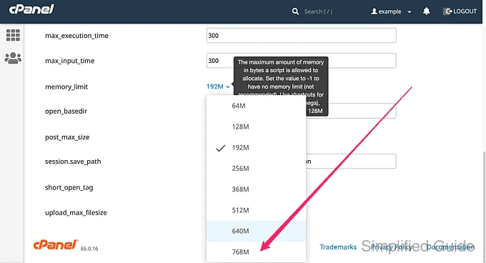 Cpanel php selector options memory limit select