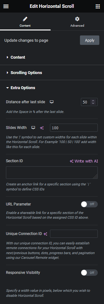 Horizontal scroll extra options